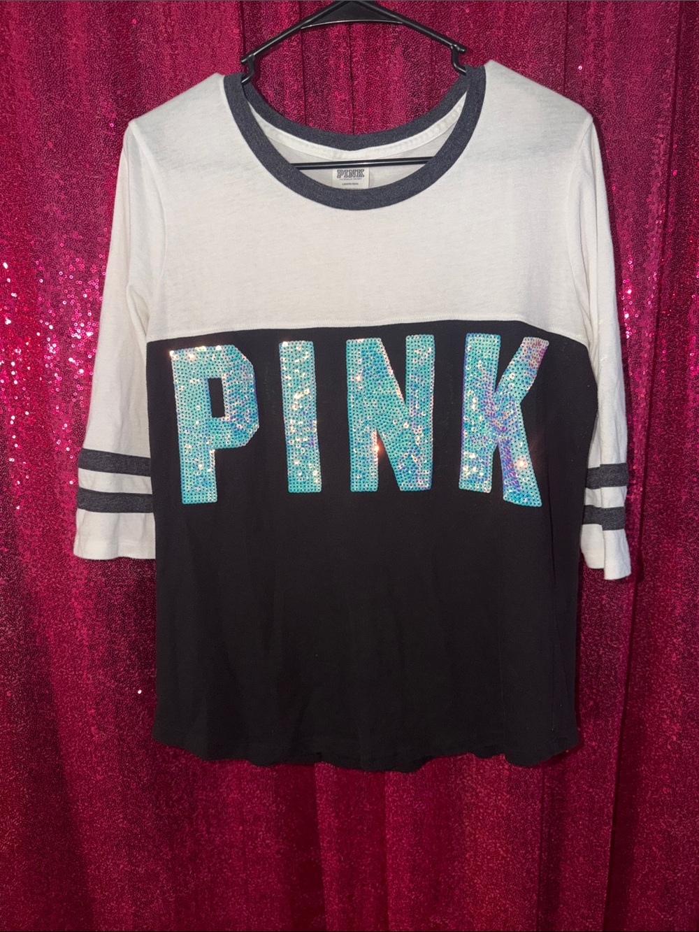 PINK Victoria's Secret Black & White Sequin Logo Baseball Tee